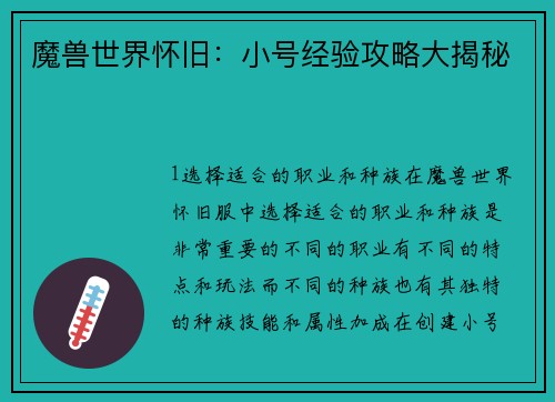 魔兽世界怀旧：小号经验攻略大揭秘