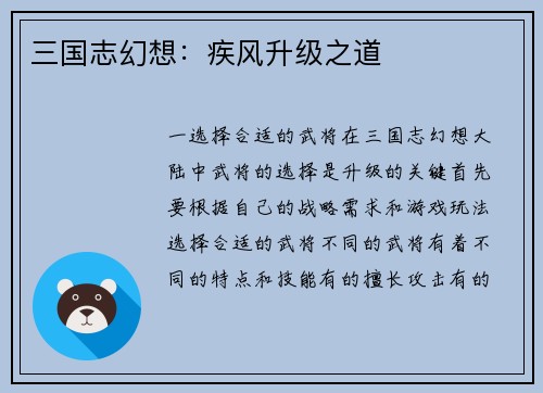三国志幻想：疾风升级之道